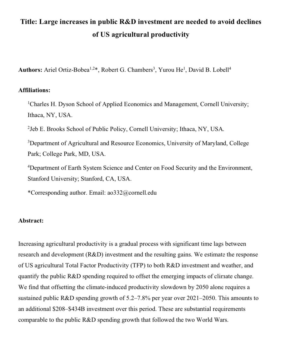 I’m excited to share a working paper where we estimate the needs in public R&amp;D funding for US agriculture for the coming decades given the rapid pace of climate change.

arxiv.org/abs/2405.08159
