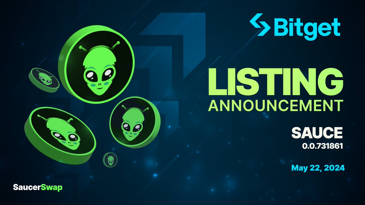 SaucerSwap is proud to announce that $SAUCE, the native HTS token of the leading DEX on @Hedera, will be listed next week on @bitgetglobal on Wednesday, May 22nd! Deposits will open ahead of trading. We look forward to this listing and more in the coming weeks!
