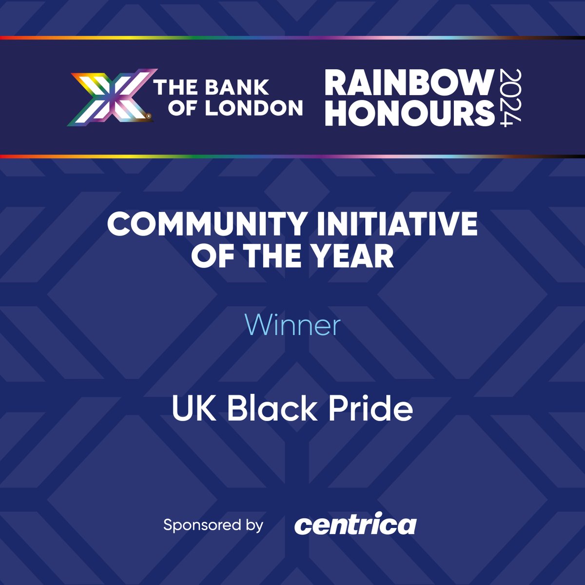 Rainbow Honours (@rainbowhonours) on Twitter photo And the winner of the <a href="/centricaplc/">Centrica plc</a> Community Initiative of the Year is...<a href="/ukblackpride/">UK BLACK PRIDE</a>. Thank you for the amazing work you do! RainbowHonours2024 thebankoflondonrainbowhonours.com And the winner of the <a href="/centricaplc/">Centrica plc</a> Community Initiative of the Year is...<a href="/ukblackpride/">UK BLACK PRIDE</a>. Thank you for the amazing work you do! RainbowHonours2024 thebankoflondonrainbowhonours.com