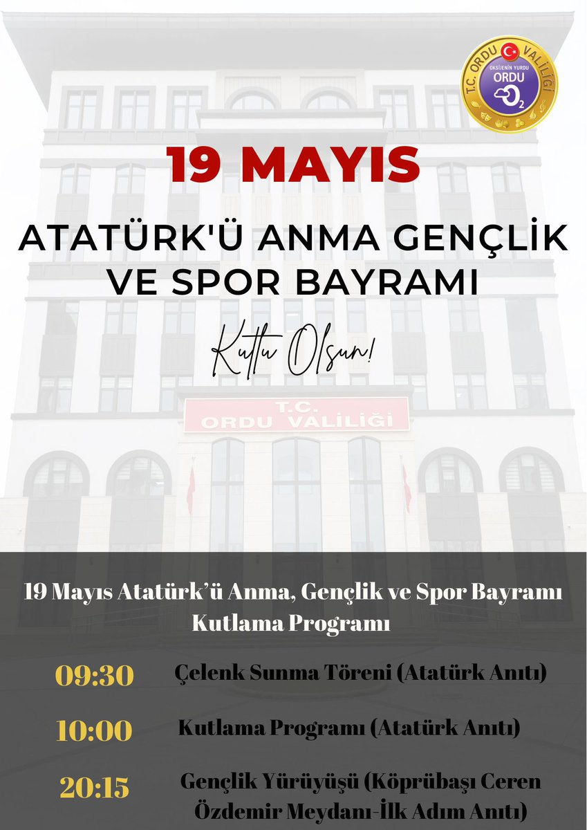 105 YILLIK COŞKUYU BİRLİKTE YAŞAYALIM… #19Mayıs Atatürk'ü Anma, Gençlik ve Spor Bayramı münasebetiyle gerçekleştireceğimiz kutlama programlarımıza tüm hemşehrilerimiz davetlidir.