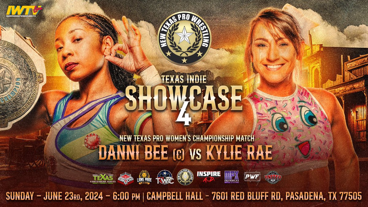 🚨MATCH ANNOUNCEMENT🚨

New Texas Pro Women’s Championship Match:
@dannibeeokc (C) vs @IamKylieRae 

#TexasIndieShowcase4 • 6/23 • 6PM
Campbell Hall • Pasadena, TX

Filmed for IWTV 

Front Row is SOLD OUT!
🎟️: NewTexasPro.Com/Events