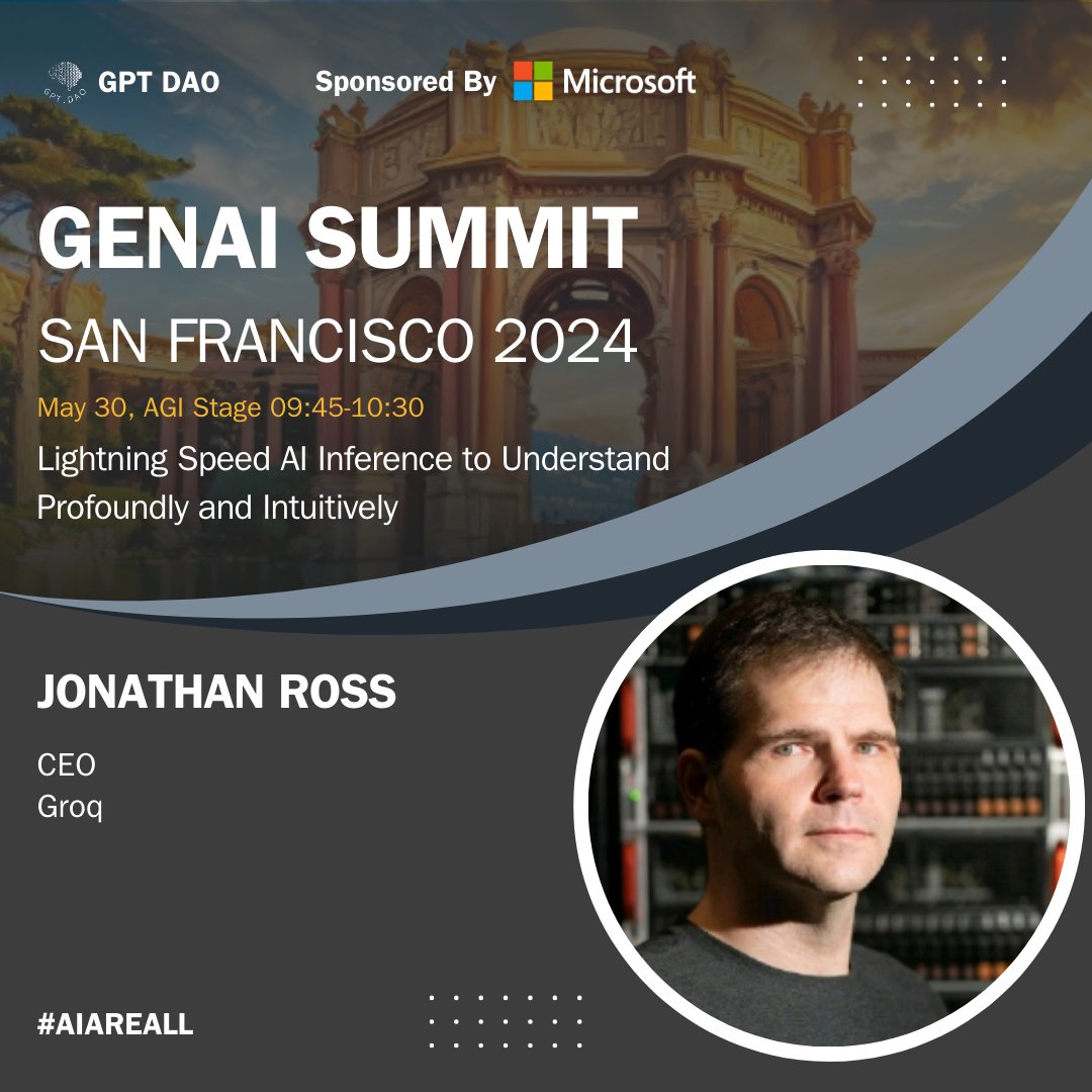 Meet Jonathan Ross @JonathanRoss321, CEO of Groq, speaking at #GENAISummitSF2024 on 'Lightning Speed AI Inference to Understand Profoundly and Intuitively'

More event info on genaisummit.ai. The clock is ticking. 

#ai #artificialintelligence #airevolution
