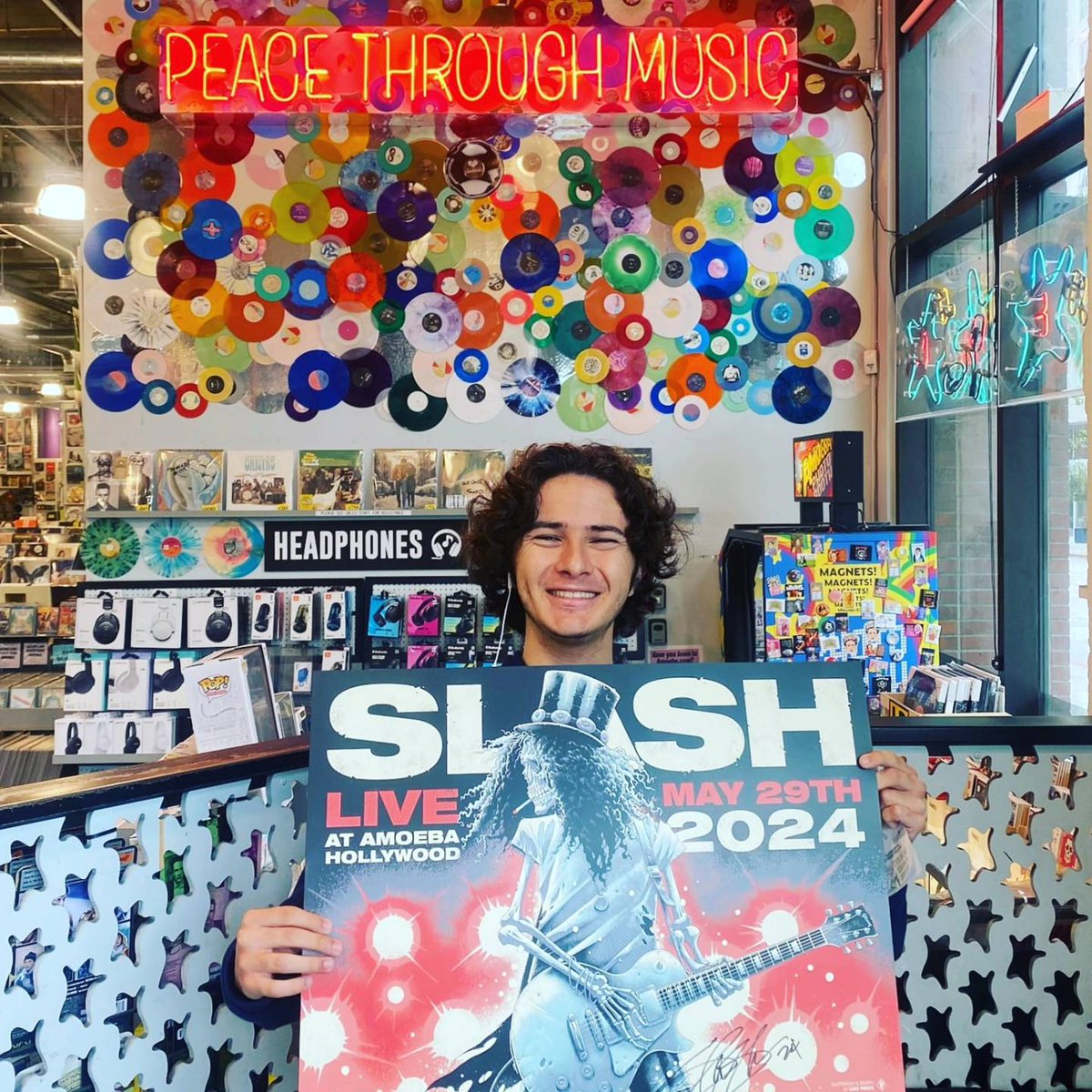 Tix to attend @Slash's May 29th acoustic set + this commemorative poster which was HAND-SIGNED 🖊️ in advance by Slash are available now with pre-purchase of his new album 'Orgy of the Damned' in-store only at Amoeba Hollywood -- while supplies last! Info: bit.ly/3xZloiz