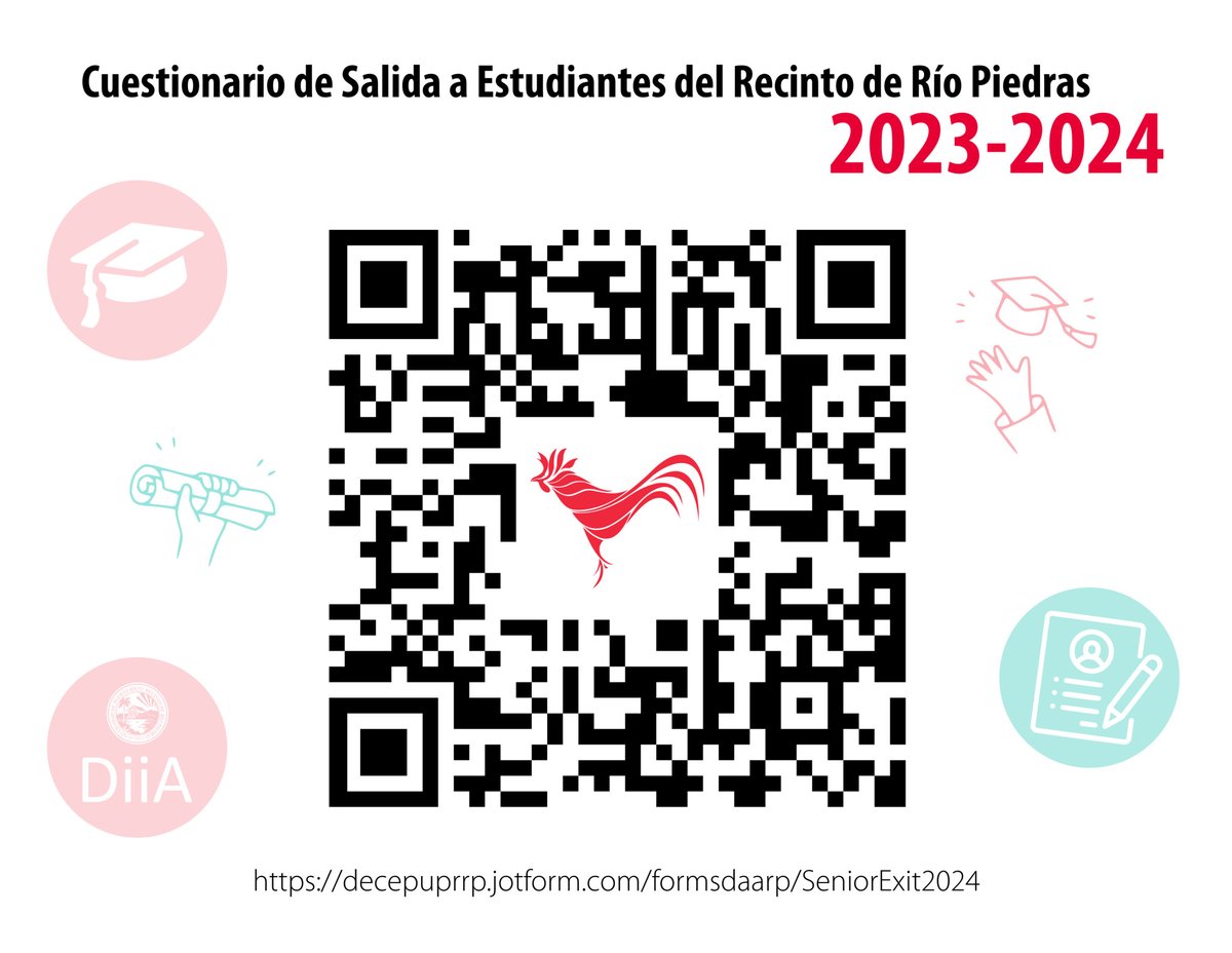 🎓 Graduando, Graduanda 2024 📣 Te exhortamos a completar la encuesta de salida que se realiza con el interés de conocer tu valiosa opinión sobre los programas académicos, estrategias de apoyo y servicios que ofrece nuestro Recinto 🐔 👩‍💻 Accede a decepuprrp.jotform.com/formsdaarp/Sen… 🔗