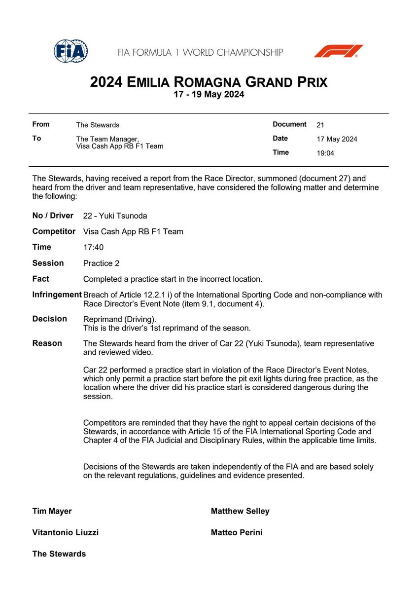 So its a reprimand to @yukitsunoda07 due his practice start in #FP2

#imolaGP #f1