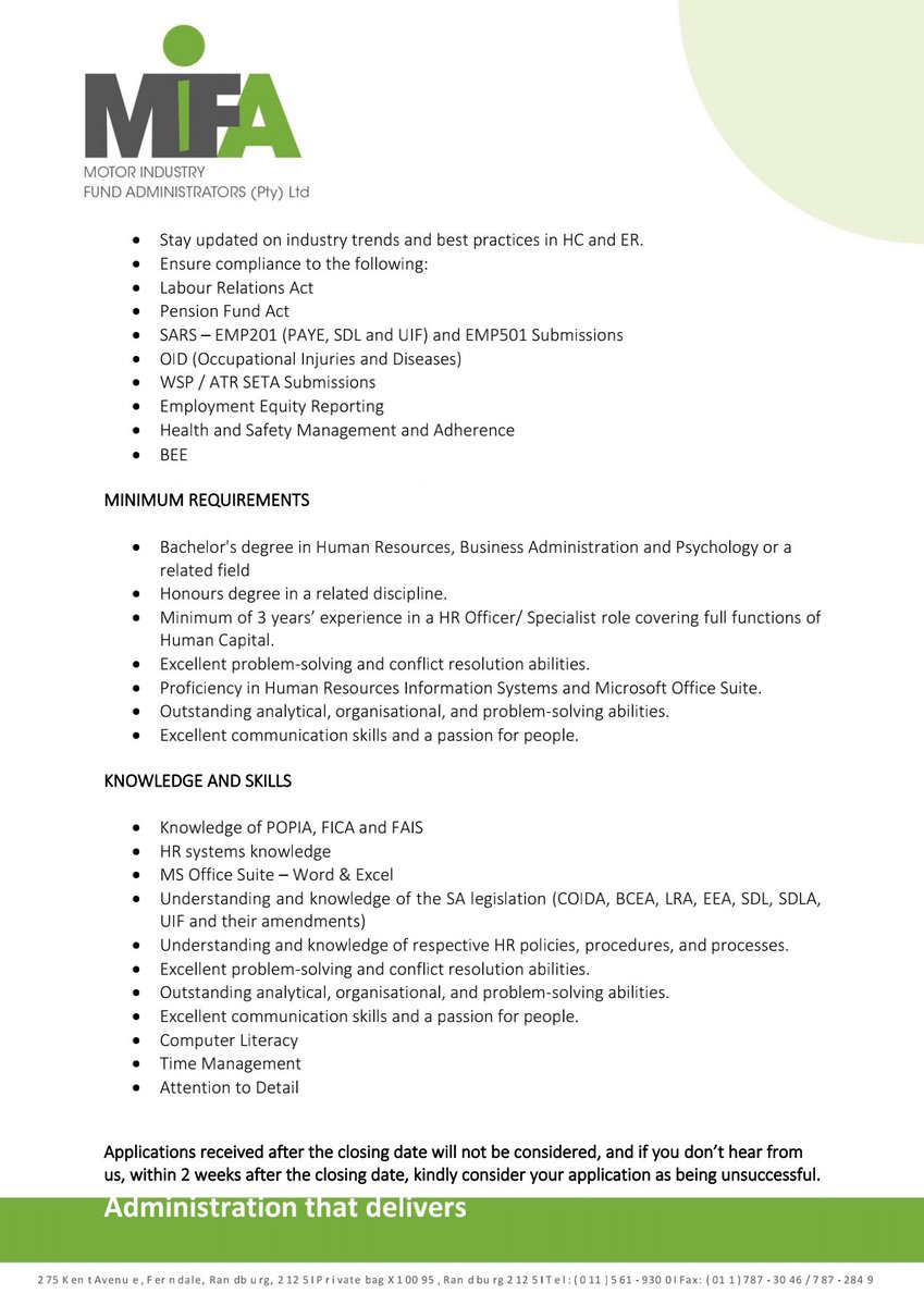 MIFA is hiring a HR Generalist. Closing Date : 28 May 2024 Apply: recruitment@mifa.org.za