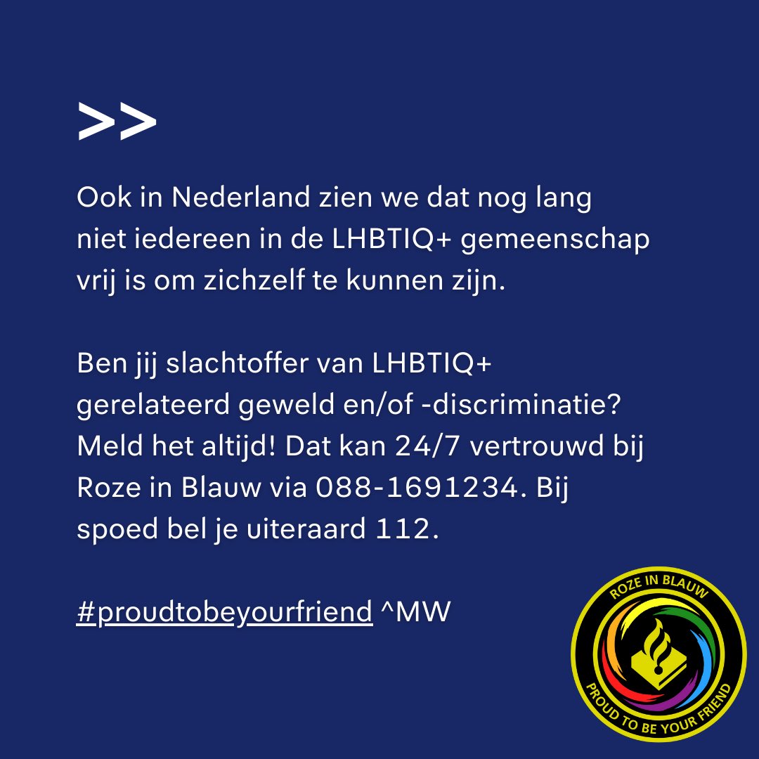 Vandaag is het #IDAHOT, de Internationale Dag tegen Homo-, Lesbo-, Trans- en Interseksefobie. We blijven opkomen voor het recht om jezelf te zijn en spreken ons ook vandaag uit tegen discriminatie en haat vanwege geaardheid of genderidentiteit.

#IDAHOBIT #proudtobeyourfriend ^MW