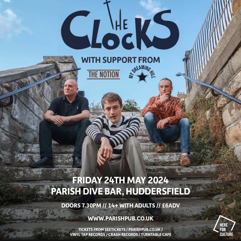 HUDDERSFIELD Next Friday we head down for the first time at @ParishHudd supporting @TheClocksUK with @MyDreamingHill_ TICKETS - parishpub.co.uk/gigs/649/