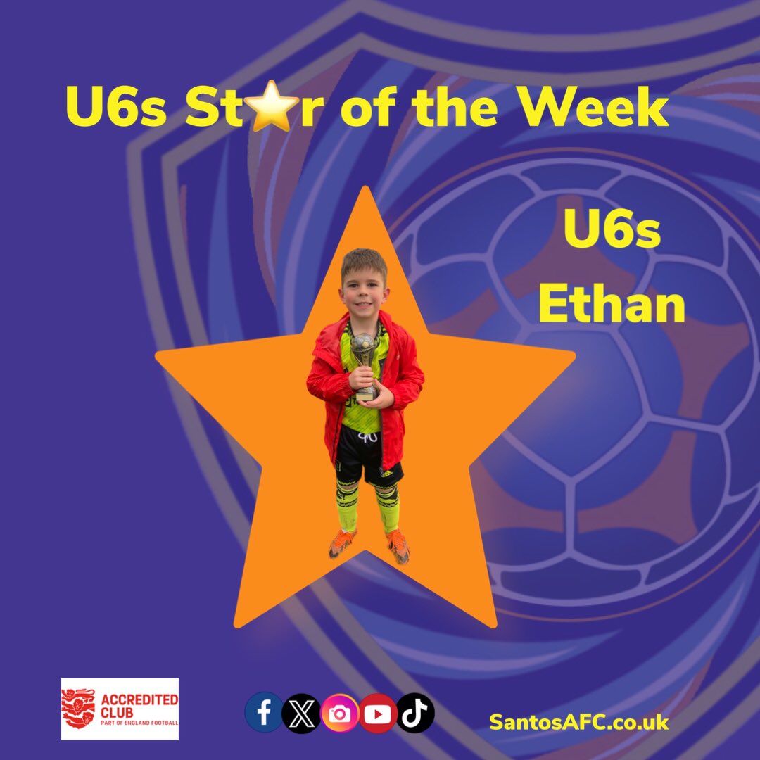 🏆 Star of the Week 🏆

#U6s - Ethan (06/05/24)
 
Keep up the good work 🏆

⚽️👧⚽️👦⚽️⭐️⚽️👧⚽️👦⚽️⭐️

#SantosU6s #SantosYouth #SantosAFC #u6s #football #localfootball #grassrootsfootball  #teamwork #fun #unique #nuturing #inspiringtheplayersoftomorrow #oldham #GreaterManchester