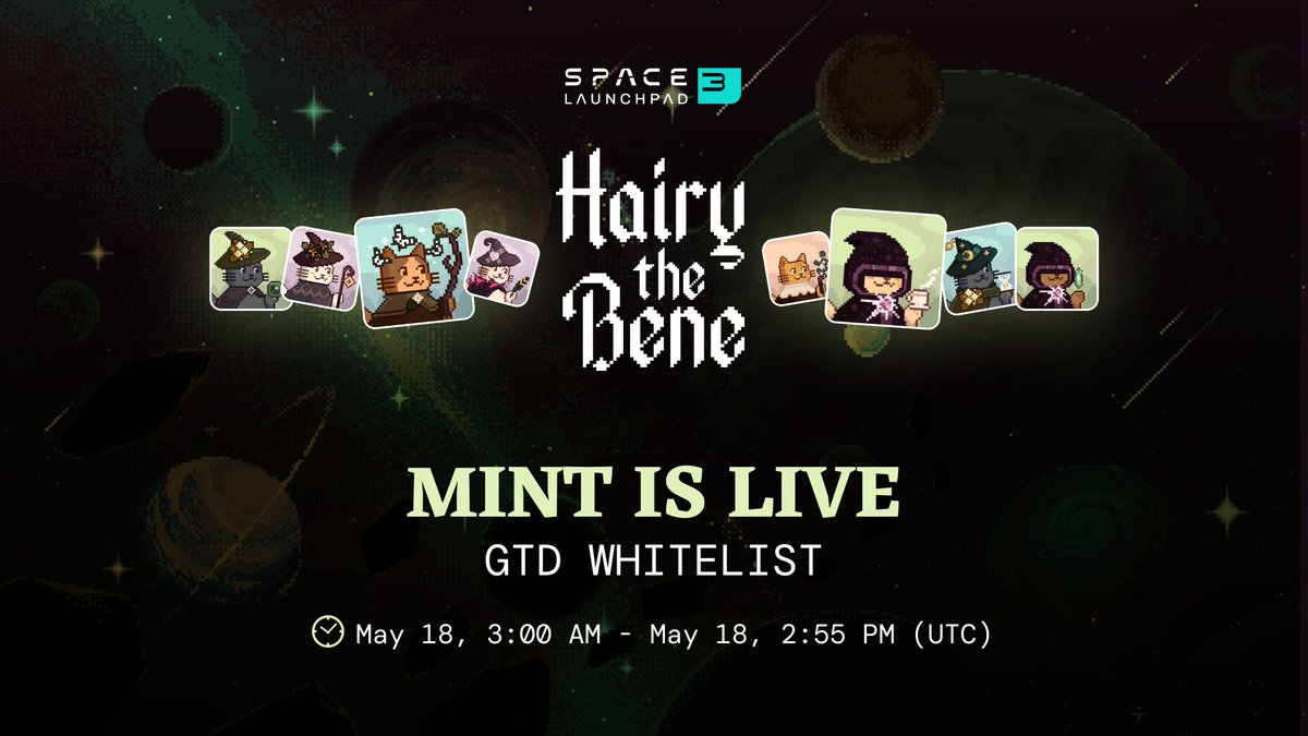 🔥 @BeneCatwiches Guaranteed Whitelist Round is LIVE! ⏰ Time: May 18, 3:00 AM - May 18, 2:55 PM (UTC) 📍 Place: launchpad.space3.gg/hairythebene 😻 Price: FREE Don't miss out! For more details, visit space3.substack.com/p/space3-launc…
