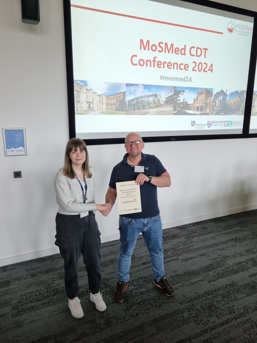 MoSMed CDT (@mosmedc) on Twitter photo Congratulations to Natalie Roper <a href="/r_armstrong_lab/">Roly Armstrong</a> who won the runner up prize for her Cohort 4 poster as voted for by our industrial partners at the #MoSMed24 Conference. Thank-you to <a href="/AstraZeneca/">AstraZeneca</a> for kindly sponsoring the prize and to Jarrod Walsh for awarding it to Natalie. Congratulations to Natalie Roper <a href="/r_armstrong_lab/">Roly Armstrong</a> who won the runner up prize for her Cohort 4 poster as voted for by our industrial partners at the #MoSMed24 Conference. Thank-you to <a href="/AstraZeneca/">AstraZeneca</a> for kindly sponsoring the prize and to Jarrod Walsh for awarding it to Natalie.