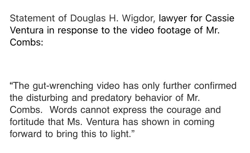 CNN has obtained 2016 surveillance video of Sean 'Diddy' Combs grab, shove, drag, kick then-girlfriend Cassie Ventura in an LA hotel that matches a now-settled lawsuit she filed in Nov., -- her lawyer @DouglasWigdor of @WigdorLaw has issued this statement: @1010WINS @wcbs880