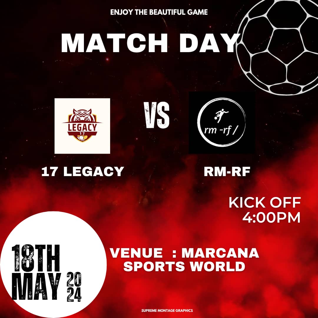 Get ready for an epic showdown! 🐅⚽ Join us tomorrow, May 18th, 2024, at Marcana Sports World as Legacy17 takes on RM RF in a thrilling trial game. Kickoff at 4 PM. Don't miss out on witnessing the roar of the Tigers! #TigerPride #GameDay