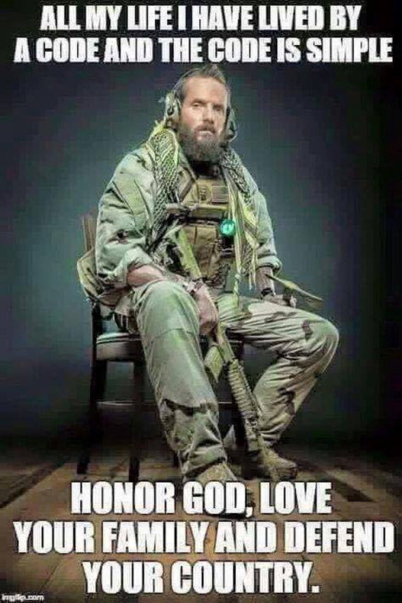 A Code is Simple : Honor God, Love your Family and Defend your Country. 🇺🇸 @BrianHPatriot76 @IngloriousBhere @Texas_jeep__guy @ChrisLilBooksto @WraithCustoms @TidalPowerBob @thefattestbob @anchorman98 @InjunJoe2726 @Queeny1946 @MAC_ARMY1 @MoosesFelix @Patrick7088