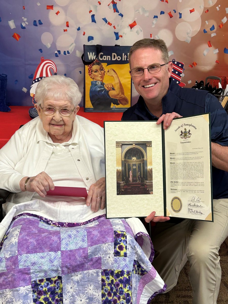 Happy 102nd birthday to Lorraine Koons, who helped repair B-17 bombers and C-47 cargo planes during WWII. 🎈🎂 I was honored to present her a citation in recognition of her contributions to our country.