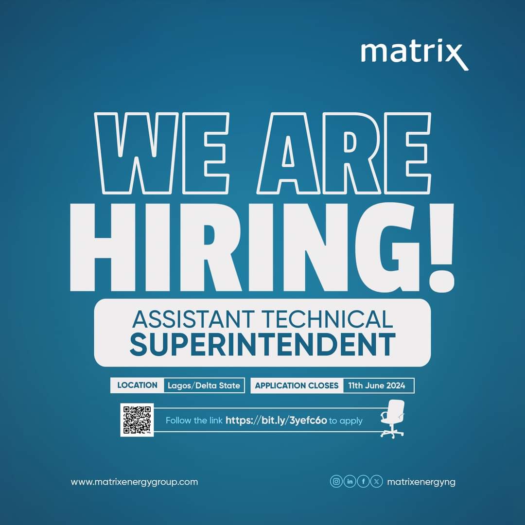 hiring!

Assistant Technical Superintendent 

Lagos & Delta State

Click on the link for more information: bit.ly/3yefc6o

May 2024.

#Elegbeje
@aproko_doctor 
@Omojuwa 
@OgbeniDipo 
@Mr_JAGs 
@Lord_Of_Warri
