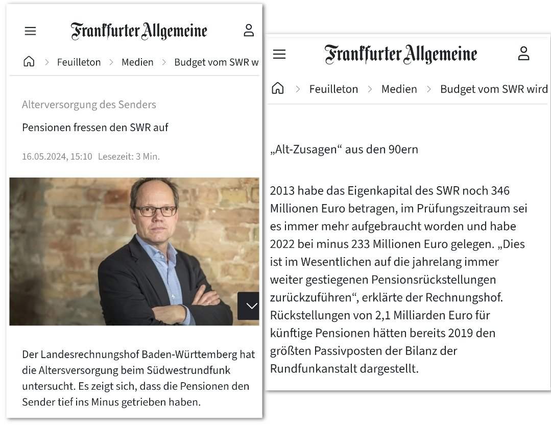 'Pensionen fressen den SWR auf': - 2022 Eigenkapital bei minus 233 Millionen € - Rückstellungen für künftige Pensionen bei 2,1 Milliarden € (Stand 2019) #ReformOerr #OerrBlog