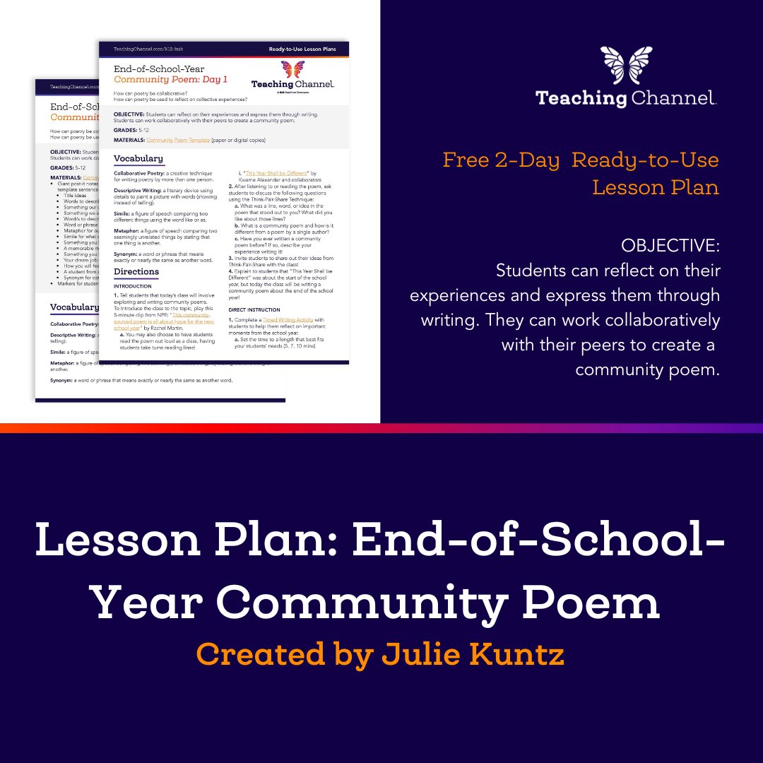 📅 During the final weeks of the school year it can be hard to know what to do with your students. This community poem is an excellent way to reflect on the year and develop your student's writing skills.✏️

Download the 2-day lesson: teachingchannel.com/k12-hub/lesson….

#edblog #lessonplan