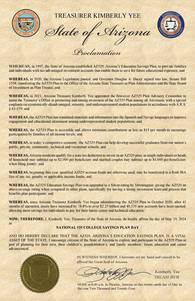 Arizona Treasurer Kimberly Yee recognizes May 29th as National 529 College Savings Plan Day - a time for Arizonans to reflect on the importance of having a savings plan to achieve education and career goals. 🍎

Read the Proclamation here: aztreasury.gov/_files/ugd/8bb… | #529Day