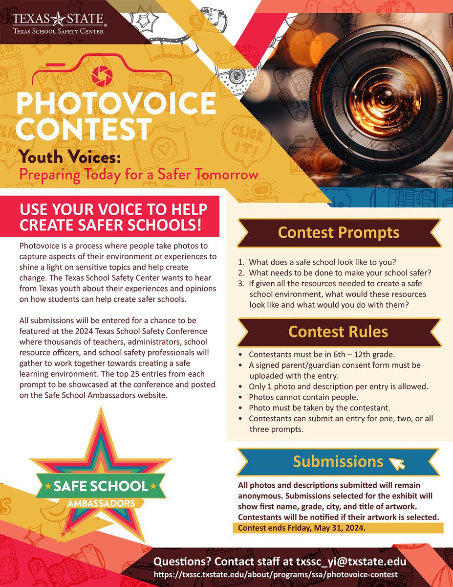 Exciting news! Youth in grades 6-12 still have time to submit an entry for TxSSC’s photovoice contest – Youth Voices: Preparing Today for a Safer Tomorrow. The deadline is now May 31, 2024. Visit txssc.txstate.edu/about/programs… to learn more. #SchoolSafety #SafeSchoolTeenAmbassadors