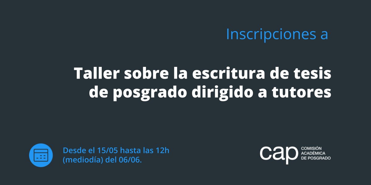 📢Inscripciones abiertas hasta las 12h (mediodía) del 06/06 para el Taller sobre la escritura de tesis de posgrado dirigido a tutores.
Será dictado los días 13 y 14 de junio de 2024, de 17:30 a 20:30h.
Más información en: posgrados.udelar.edu.uy/cursos.php