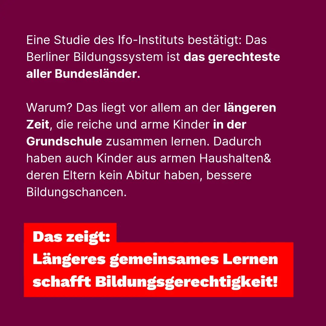 ++ Studie bestätigt linke Bildungspolitik ++ 👉 Längeres gemeinsames Lernen verbessert die Bildungschancen von Kindern aus armen Familien oder deren Eltern kein Abitur haben. Das hat eine Studie des Ifo-Instituts ergeben. 1/3