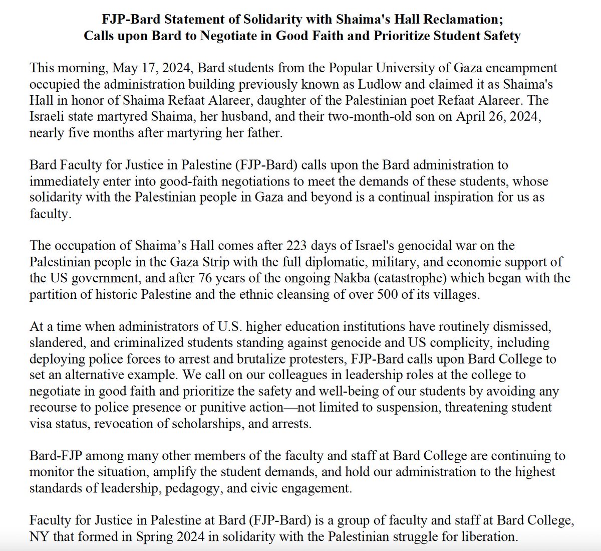 Faculty for Justice in Palestine at Bard tweet media