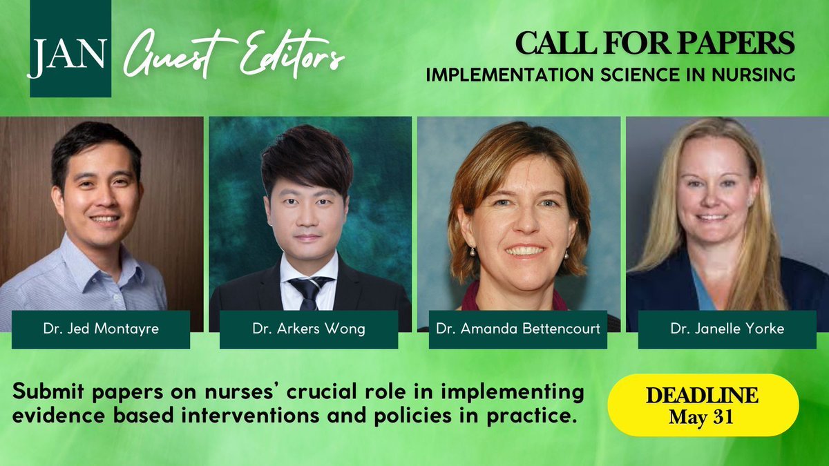 Meet the editors of the upcoming special issue on #ImplementationScience: @JedMontayre, Dr. Ankers Wong, @abrnurse, and @yorke_janelle. You can still submit papers, submit by May 31. Learn more buff.ly/42HkAdB