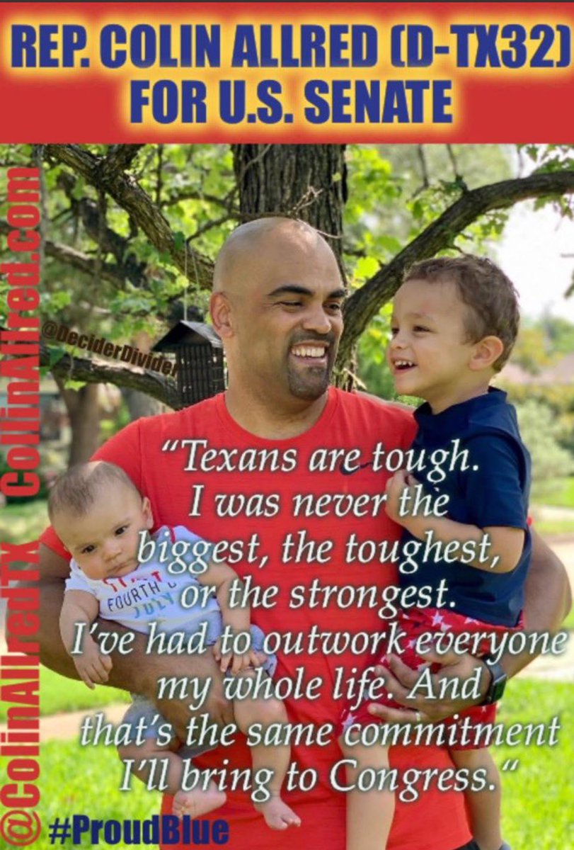Hey Texas!  Want a Senator you can be proud of?  @ColinAllredTX is the man for you. 

He’s pro-choice, like you. 

He believes in strengthening our Social Security and Medicare. 

He didn’t go to Harvard and he doesn’t kiss Donnie’s behind. 

#Allied4Dems #ProudBlue #DemsUnited