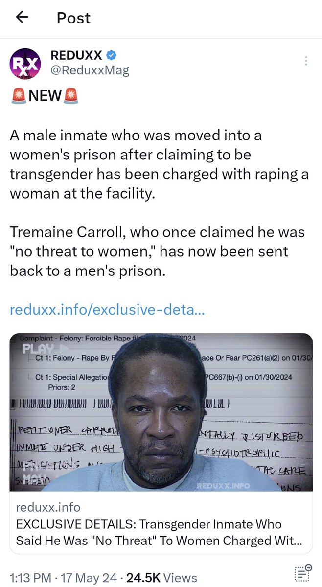 Here's the face of the 'woman' they sent to a female prison, where he predictably raped a female inmate. I say 'predictably' because he's a male rapist who was in prison for 'forced oral copulation' on two women. Prison officials are stunned, because the rapists told them he was
