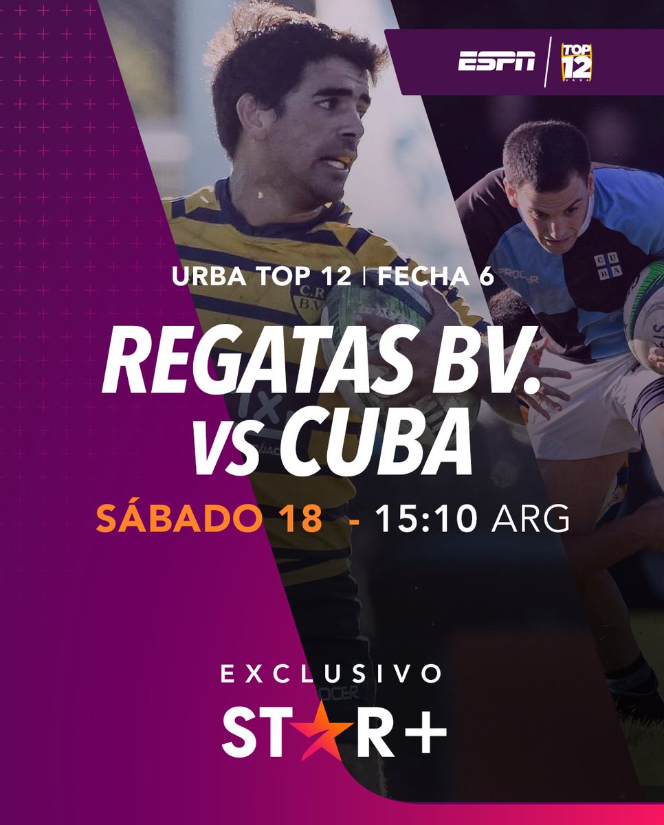 😬 ¡Duelo fundamental en la pelea por la permanencia!

@regatasbv 🟡🆚⬛ @cubarugby_vqv
📅 Sábado 18
⏰ 15:10 ARG
⭐ @StarPlusLA: dis.la/URBATop12_Rega…

#URBATop12 🔝 #MiraloEnStarPlus