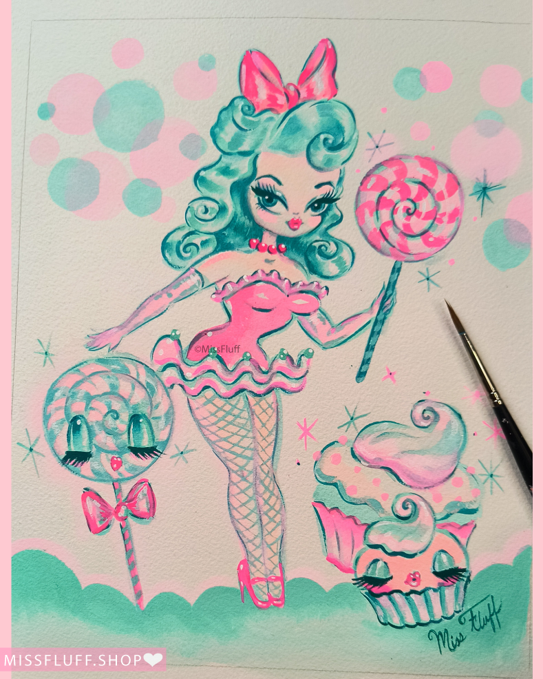 💖🧁 Happy Fluffy Friday! 💖🧁
A lollipop dolly , drawing in gouache on watercolor paper. Almost finished. And then she will need lots of glitter of course! 💋

#fridayfeeling #cutearteveryday #candyart #vintagevibes #originalart