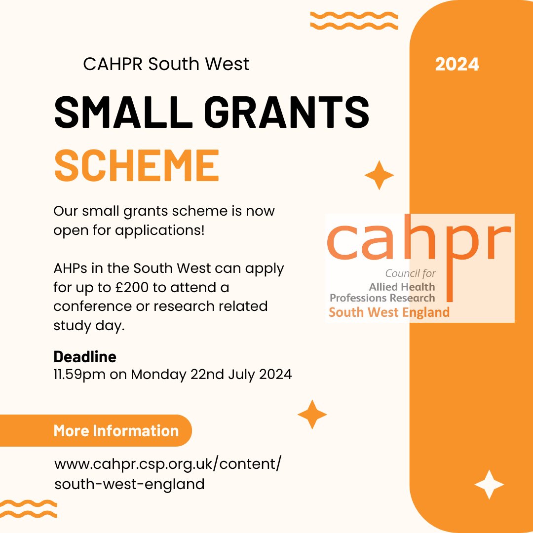 📢Two weeks until the deadline📢

🔸 CAHPR South West small grants scheme

Take a look at our website for the guidance and application form 👇

cahpr.csp.org.uk/content/south-…