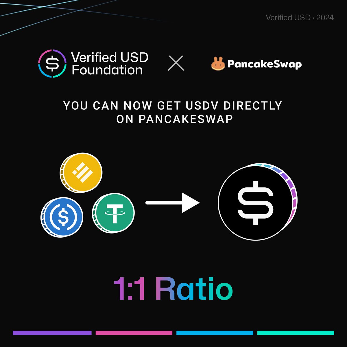 We are thrilled to announce that you can now get USDV directly on @PancakeSwap! 💰 Swap BUSD, USDT, or USDC for USDV at a 1:1 ratio (no slippage!) and enjoy improved flexibility with effortless cross-chain transfers. Get your hands on USDV today via: pancakeswap.finance/usdv
