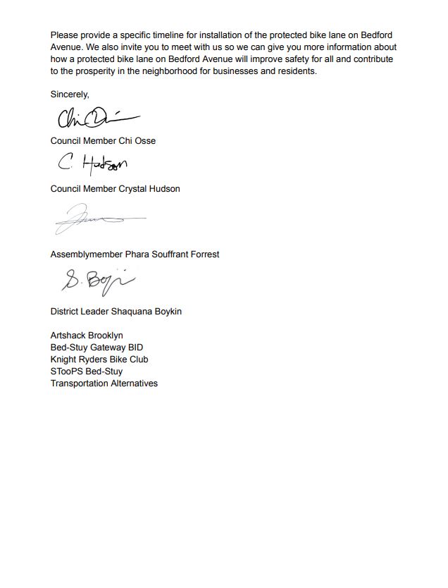 Our office was proud to sign onto this letter to the administration urging them to develop the long-overdue Bedford Avenue protected bike lane, which would be immensely beneficial to the community. Threaded 🧵 for accessibility: