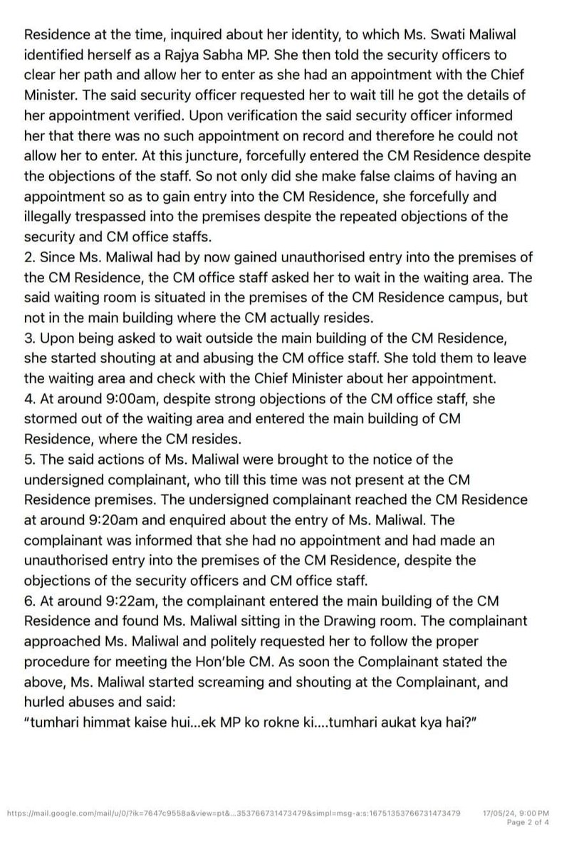 So now Vibhav Kumar, on behalf of Kejriwal has filed a complaint against Swati Maliwal for an unauthorised entry in the CM house...