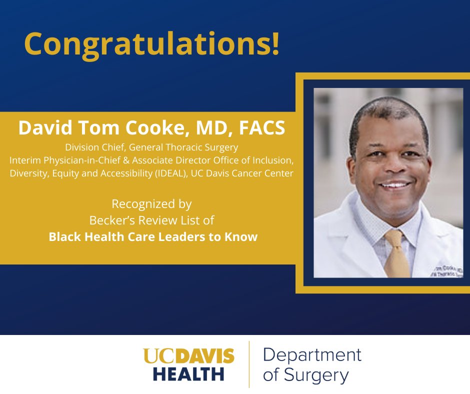 We know how inspiring and impactful Dr Cooke is here at @UCDavisHealth as we get to see it daily. We could not be more proud to hear others are hearing about him as well.  Well done and well earned!

beckershospitalreview.com/lists/231-blac…

#UCDavis #healthcareequity #healthcareleadership