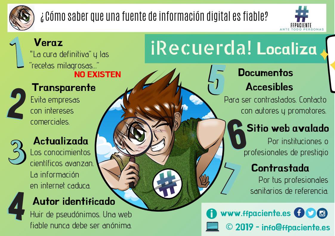 En el #DíaDeInternet os invito a recordar esta magnífica infografía de @ffpaciente dándonos
7️⃣ Consejos para⤵️
🗣️: Cómo saber que una fuente de información digital es fiable?
📷Infografía gracias a @ffpaciente 
#EducacionEnSaludParaPacientes  
#InternetDay