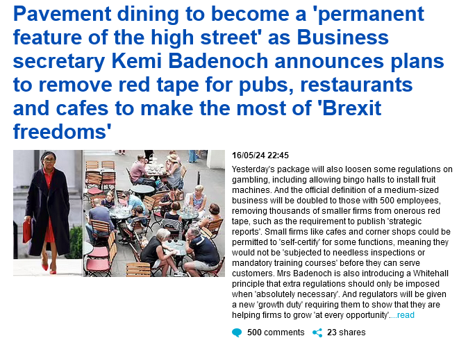 Ever dined al fresco on a pavement in the EU? The Daily Mail assures you that cannot possibly have happened. No, it was just your brain gaslighting you. According to them (via Olympic gold medal liar Kemi Badenoch) pavement dining's only possible because of Brexit.