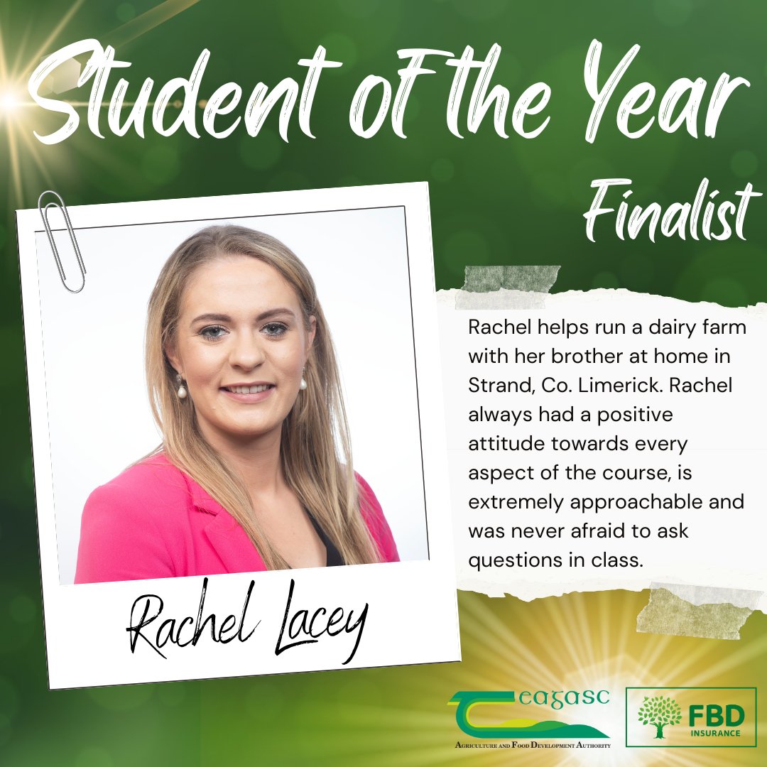 Rachel Lacey is a finalist in the Teagasc/ FBD Student of the Year Awards. Book your virtual seat for the awards ceremony which takes place on 21 May here bit.ly/3oSckYp @fbd_ie