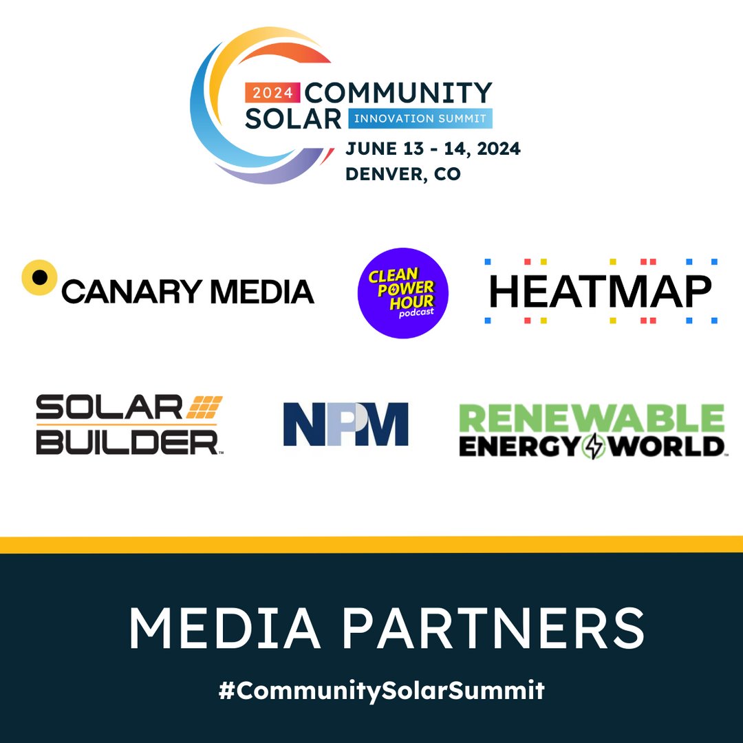 A huge thank you to our 2024 #CommunitySolarSummit media partners @CanaryMediaInc, @heatmap_news, @Solar_Builder, Clean Power Hour Podcast, @REWorld, and @NewProjectMedi1. 👏 Register to attend today! communitysolar.events/annualsummit
