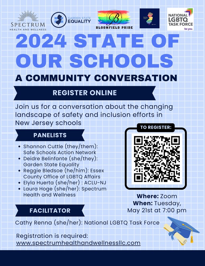 Join us on May 21 @ 7pm for the 2024 State of Our Schools Community Conversation, the first in a series focused on developments within New Jersey's school districts. Register >> spectrumhealthandwellnessllc.com/specialevents #LGBTQ #LGBT #queer #trans #transgender #NewJersey #NJ