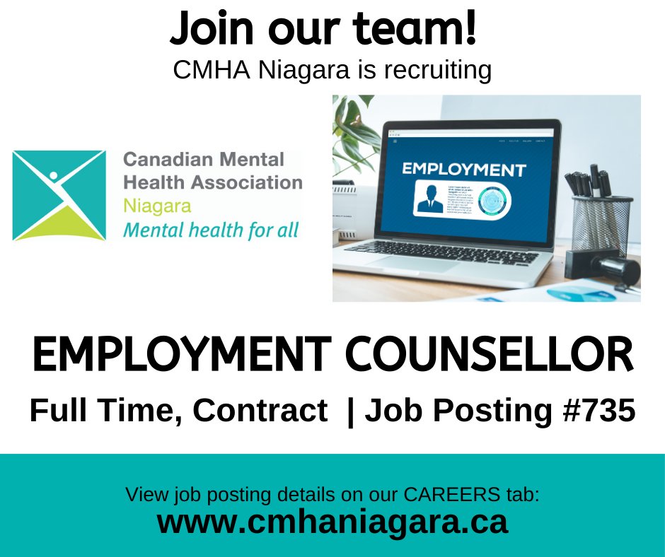 CMHA Niagara is recruiting for a full time contract Employment Counsellor. Visit our careers tab on website for full details: cmhaniagara.ca