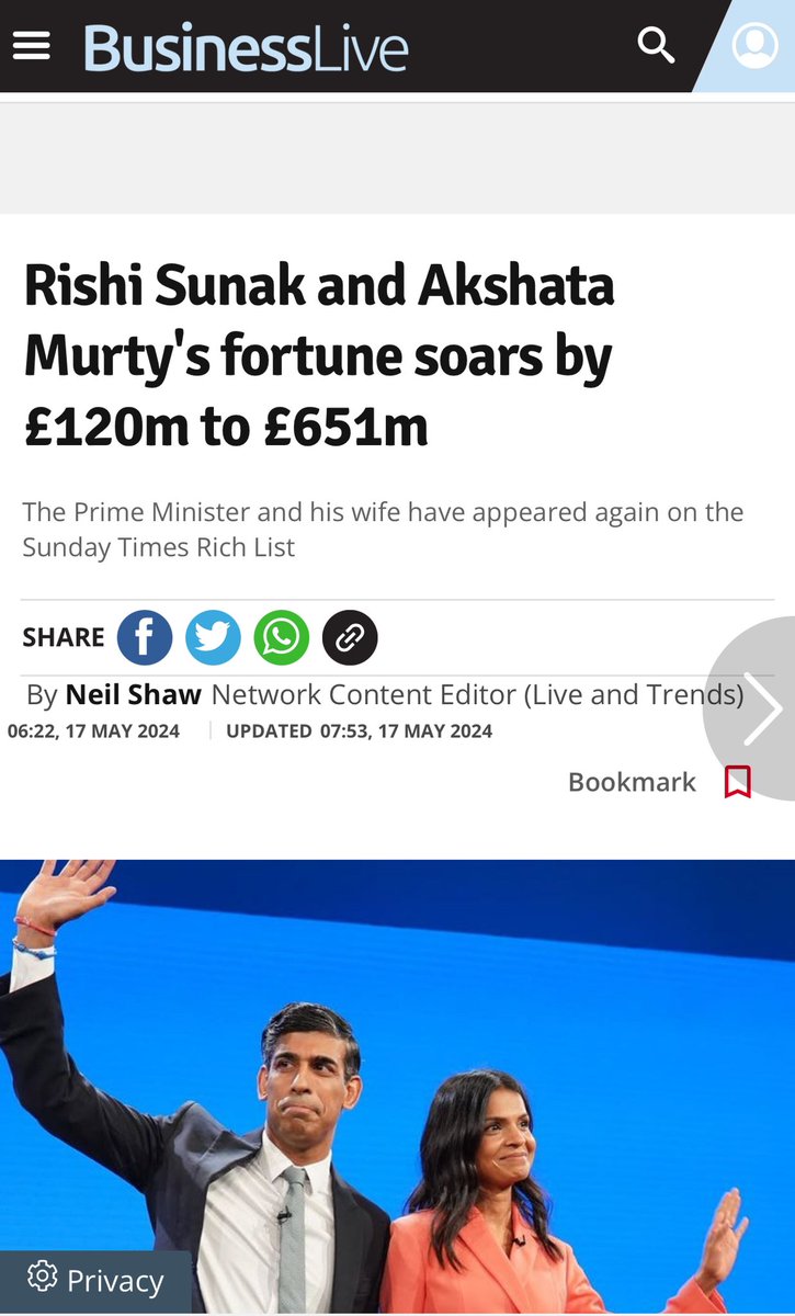 Sunak is the poster boy for Conservative values: The unearned income, he and his wife pocket without lifting a finger, is created by the sweat of someone else’s brow and brilliance of someone else’s brain. It’s siphon up economics.