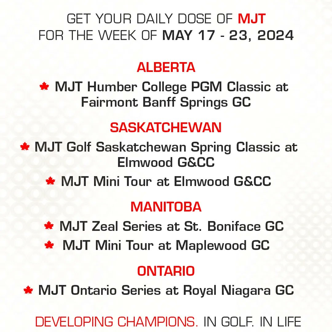 Get ready to tee off with your #WeeklyUpdate! 🌟 Join us for another exciting week on the MJT circuit: 📍 MJT @humbercollege PGM Classic at @FairmontSprings Golf Course, Banff, AB, May 19-20 📍 MJT @GolfSK Spring Classic at @elmwoodgolf, Swift Current, SK, May 18-20 📍 MJT
