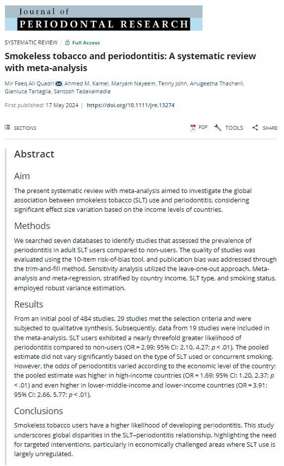 Our latest publication in the Journal of Periodontal Research. 
Hope you find it informative.
Link: onlinelibrary.wiley.com/doi/full/10.11…

#SmokelessTobacco #Periodontitis
#systematicreview #metaanalysis