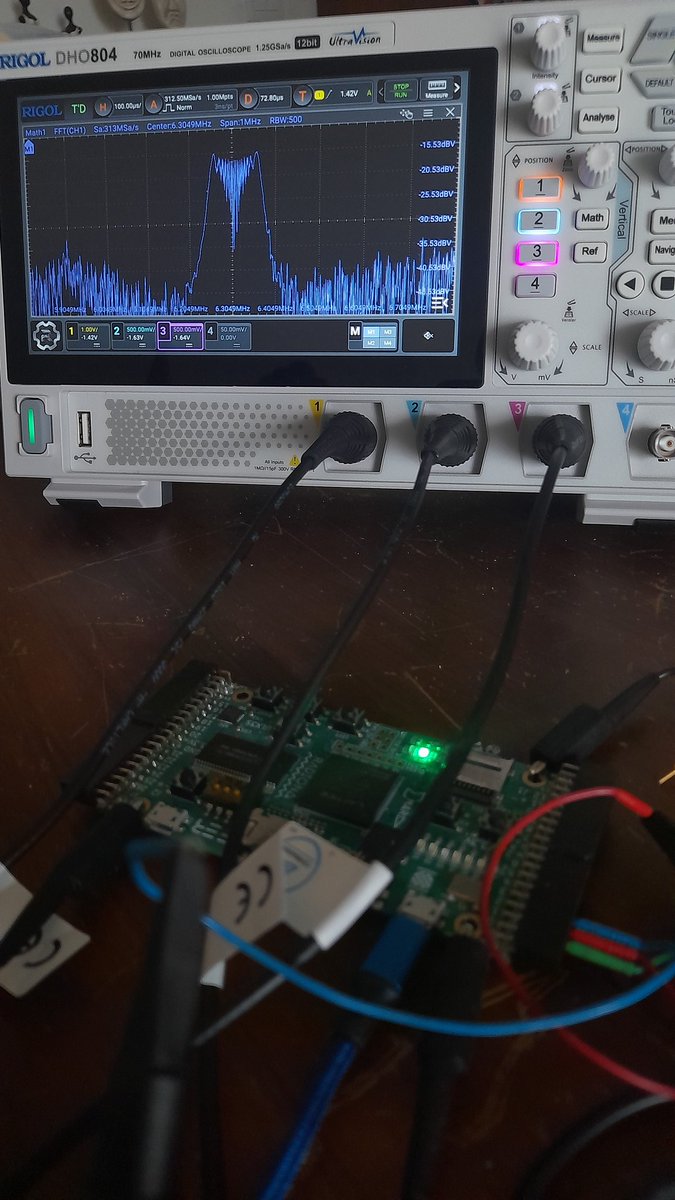 DutraCGI's tweet image. So... I've made a little "LoRa" (CSSS) beacon demo with #ULX3S and #PipelineC !
Ramp Nco ("SF6") -> Sine / Cosine NCO's => 2nd Order Delta sigma DAC => digital iq mixer -> output
#sdr #fpga #rf #csss #lora #dsp #dac #sigmadelta #alldigitaltx