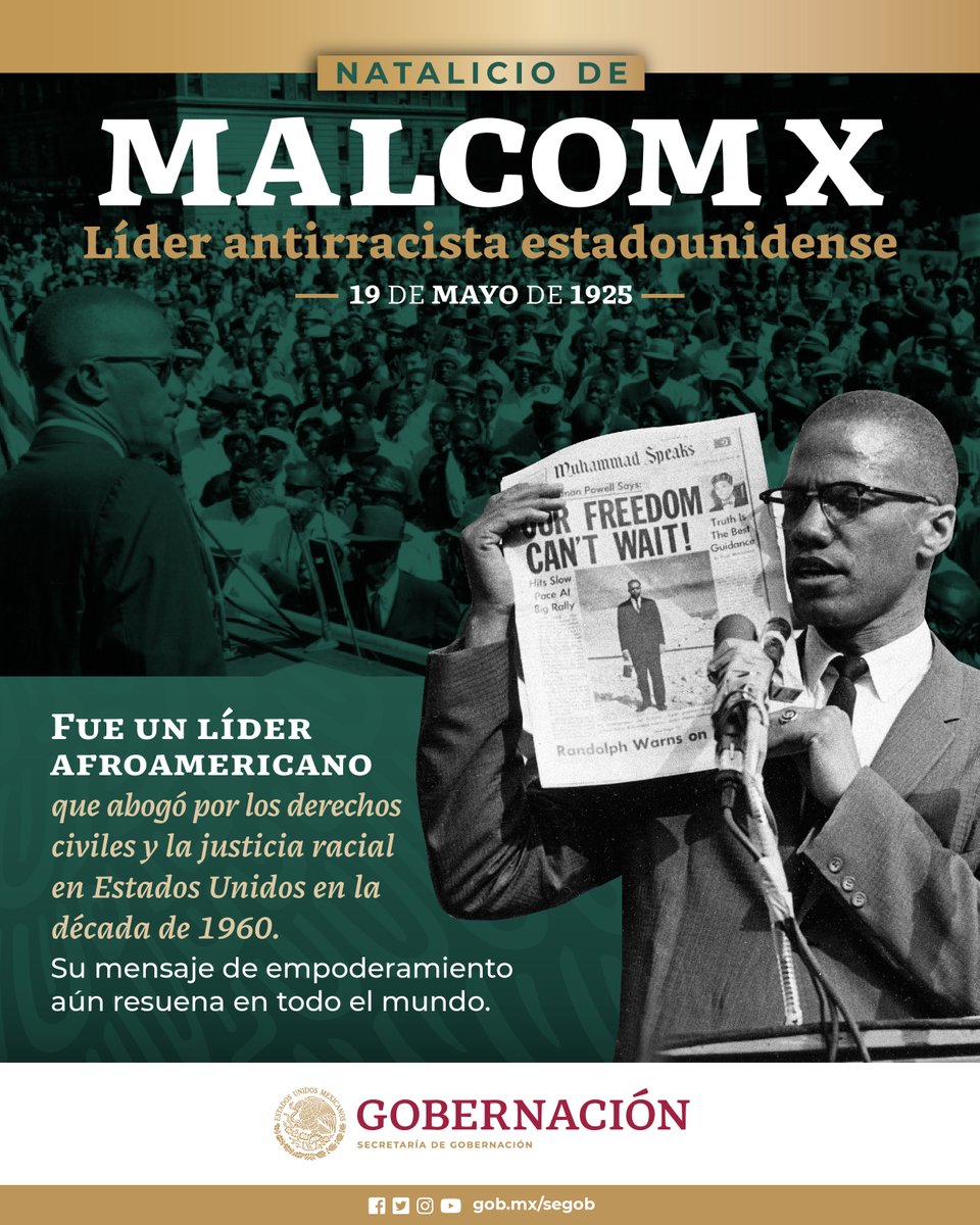 #UnDíaComoHoy nace Malcolm X, defensor incansable de los #derechoshumanos y la #igualdadracial. Su legado sigue guiando la lucha por la #justicia y la #libertad.