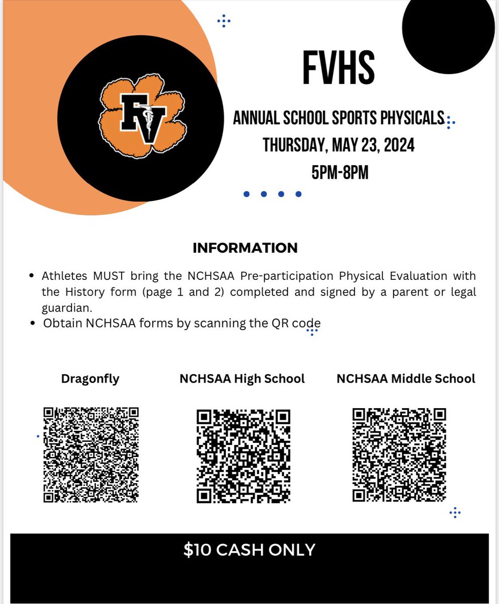 Physical Day at FVHS Will Be Thursday, May 23 From 5pm - 8pm. All FVHS Athletes Should Take Advantage Of This Great Opportunity To Get Your Physical Completed and Uploaded To Dragonfly For The 2024-25 School Year. #RollBengals