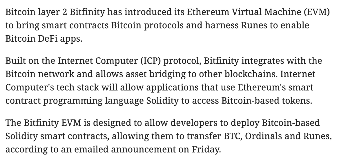 Attention Devs

Bitfinity, a Bitcoin sidechain on #ICP, is cooking something BIG 🔥

Bitfinity launches its EVM, enabling Solidity-based dapps to access tokens like BTC & runes on the #Bitcoin Network. This also upgrades ICP's capabilities to support Solidity.

More to come 👀
